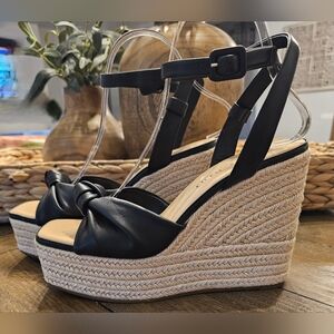 Gianni Bini Black and Tan Wedge Sandals